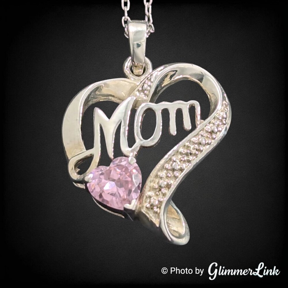 Dainty Pink CZ Mom Heart October Birthstone 925 Sterling Silver Pendant Necklace - Picture 2 of 12